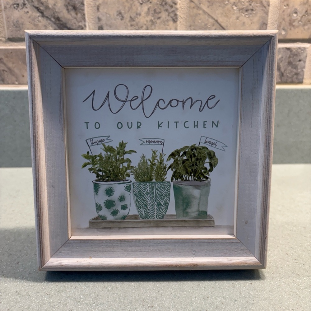 Welcome to Our Kitchen Framed Wall Art Herbs in Distressed Off White Wood